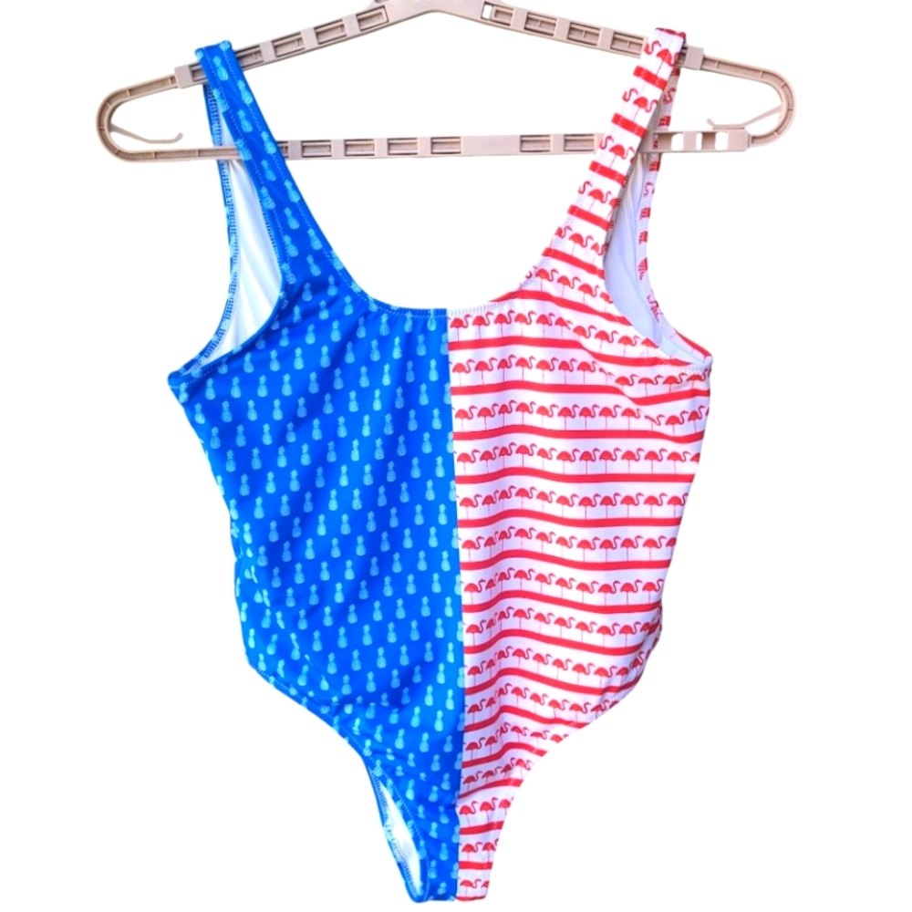 Chubbies The Patriotic Lights One-Piece Swimsuit Flamingos & Pineapples  Size L